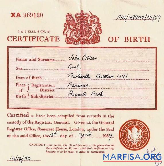 Downloadable England Register office of London birth certificate example